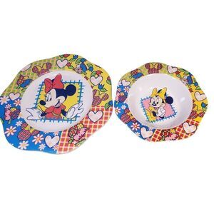Lot of2 Vintage Trudeau Disney Minnie Mouse Patch Dinnerware Set Bowl And Plate